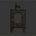 Vintage Cast Iron Wood Stove Featuring Glass Door Burning Flames And Metal Chimney