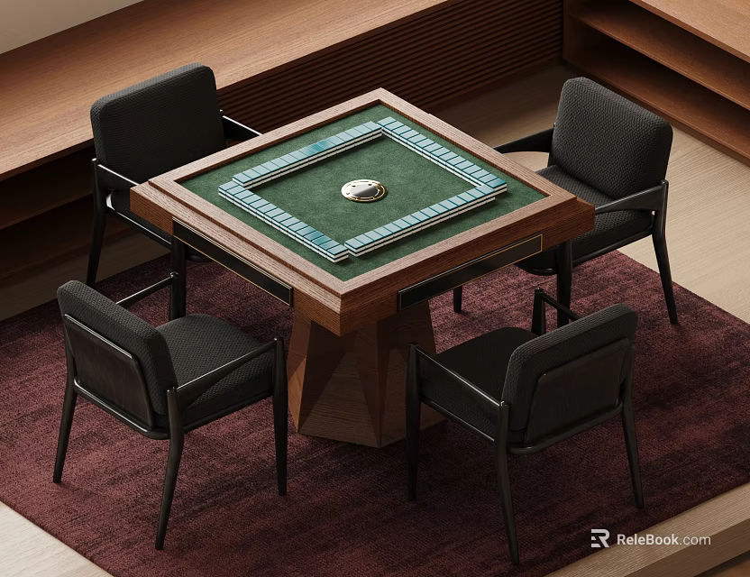 Square Entertainment Table With Green Surface And Central Element Four Black Chairs On Red Rug 3d model 