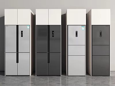 Four Modern Refrigerators in White Gray and Black Standing Side by Side in Showroom 3d model
