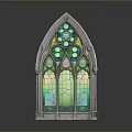 Gothic Arched Stained Glass Window with Green Tones and Intricate Church Style Design
