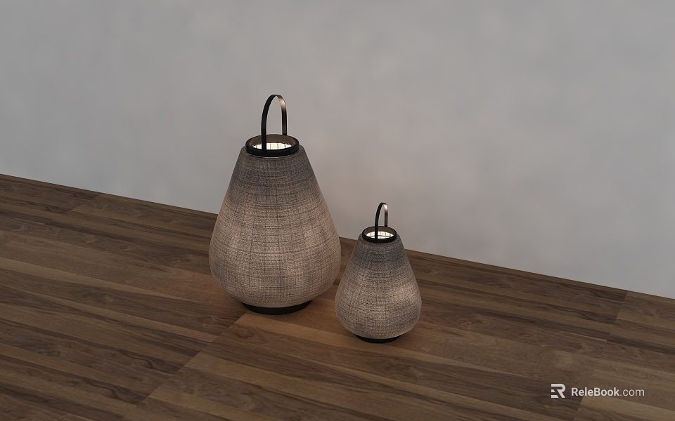 Two Woven Table Lamps in Different Sizes on Wooden Floor with White Wall 3d model 