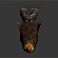 Flying Turkey With Red Head Yellow Red Neck Brown Feathers Fanned Tail on Gray Background