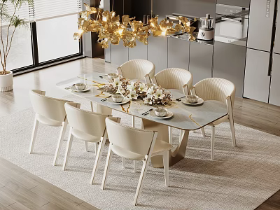 Elegant Restaurant Dining Space With Round Table White Chairs Golden Chandelier And Floral Decor 3d model