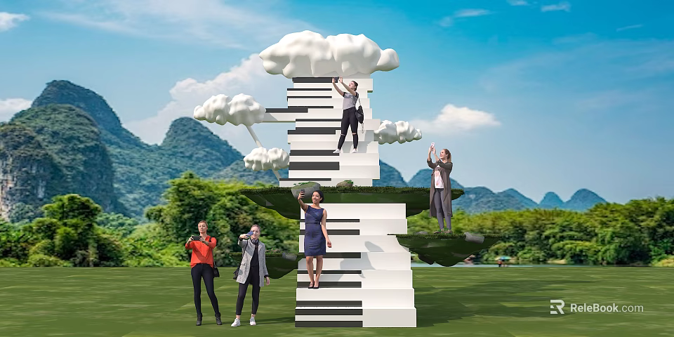 Scenic Photo Spot With Piano Keyboard Stairs And Cloud Decorations Against Mountain Backdrop 3d model 