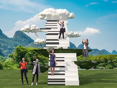 Scenic Photo Spot With Piano Keyboard Stairs And Cloud Decorations Against Mountain Backdrop 3d model