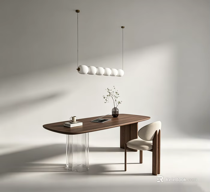 Modern Wooden Desk With Book Cup Vase Plant And Beige Chair Under Spherical Pendant Lights 3d model 