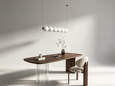 Modern Wooden Desk With Book Cup Vase Plant And Beige Chair Under Spherical Pendant Lights 3d model