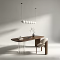 Modern Wooden Desk With Book Cup Vase Plant And Beige Chair Under Spherical Pendant Lights