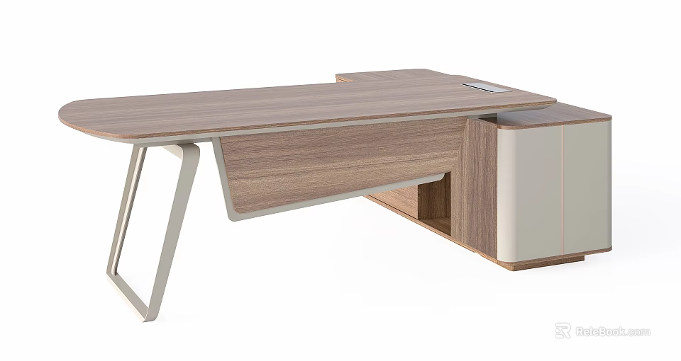 Contemporary Office Desk Featuring Wooden Top Metal Frame And Storage Cabinet 3d model 