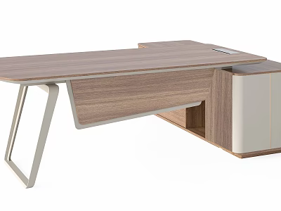 Contemporary Office Desk Featuring Wooden Top Metal Frame And Storage Cabinet 3d model
