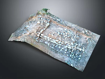 Ancient Archaeological Site Floor With Broken Tiles And Moss Growth 3d model