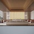 Modern Reception Desk With Marble Countertop Dark Wooden Backdrop Table Lamps And Recessed Lighting