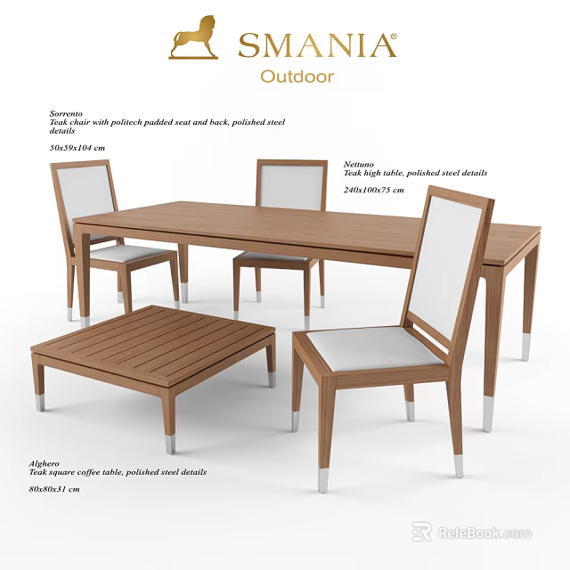 Outdoor Solid Teak Dining Set With Polyester Padded Seat And Back Chairs And Coffee Table 3d model