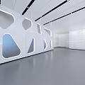 Modern Exhibition Hall Interior Design With Curved Counter Glass Walls And Lighting