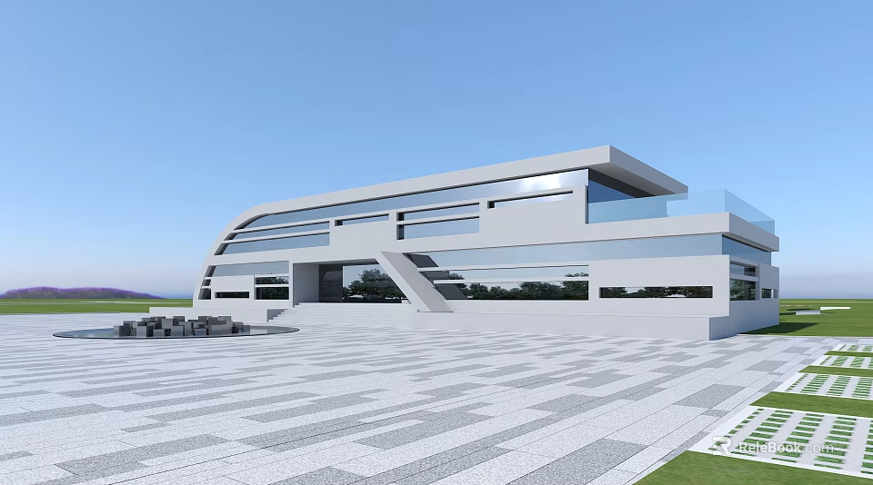 Modern Office Building Exterior With Geometric Design Large Glass Windows And Paved Plaza 3d model 