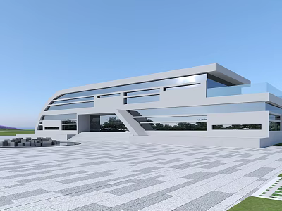 Modern Office Building Exterior With Geometric Design Large Glass Windows And Paved Plaza 3d model