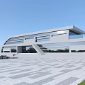 Modern Office Building Exterior With Geometric Design Large Glass Windows And Paved Plaza