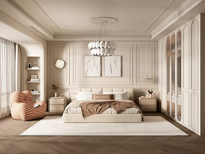 Elegant Modern Bedroom Interior With Bedside Tables Chandelier Wall Paintings And Rug 3d model