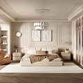 Elegant Modern Bedroom Interior With Bedside Tables Chandelier Wall Paintings And Rug