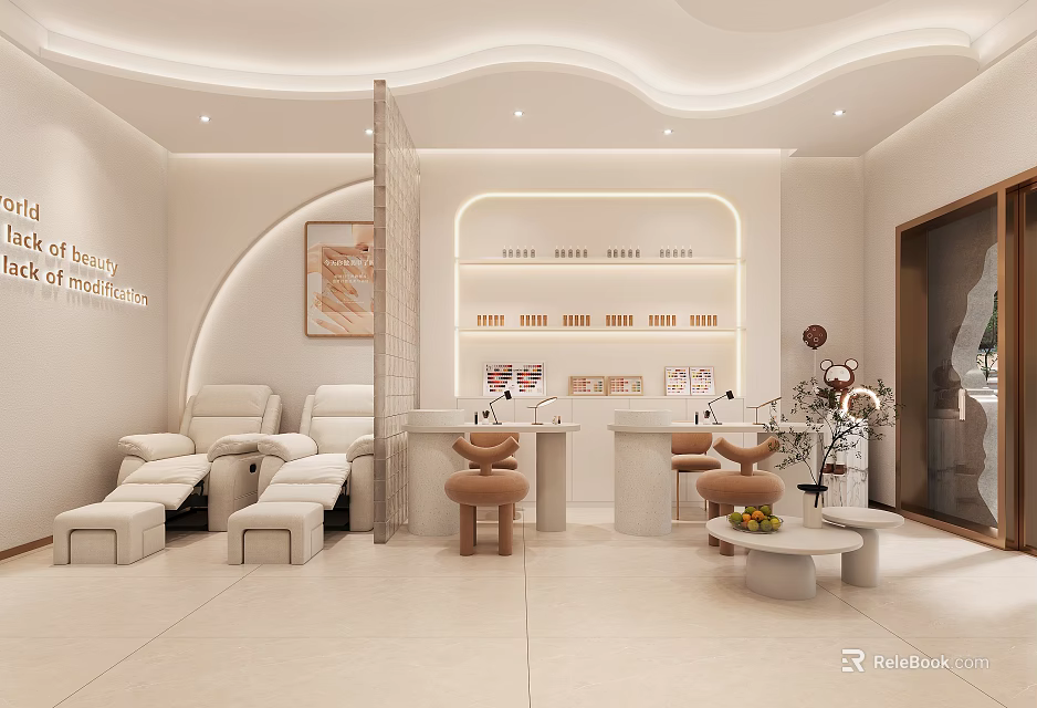 Modern Beauty Salon Interior With Comfortable Sofas Beauty Products Display And Decorative Flowers 3d model 