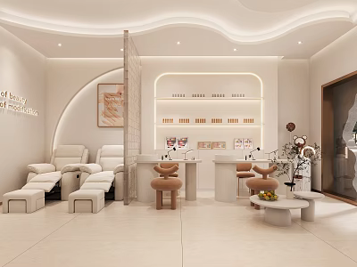 Modern Beauty Salon Interior With Comfortable Sofas Beauty Products Display And Decorative Flowers 3d model