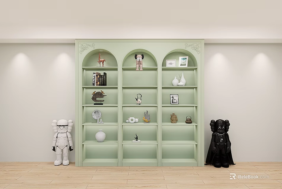 Light Green Decorative Cabinet Featuring Compartments Books Sculptures Vase Sphere And Figurines 3d model 