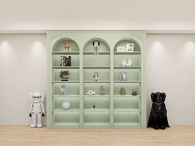 Light Green Decorative Cabinet Featuring Compartments Books Sculptures Vase Sphere And Figurines 3d model