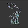 Artistic Decorative Plant with Purple Blue Flowers Green Stems Claw Like Roots and Multiple Branches