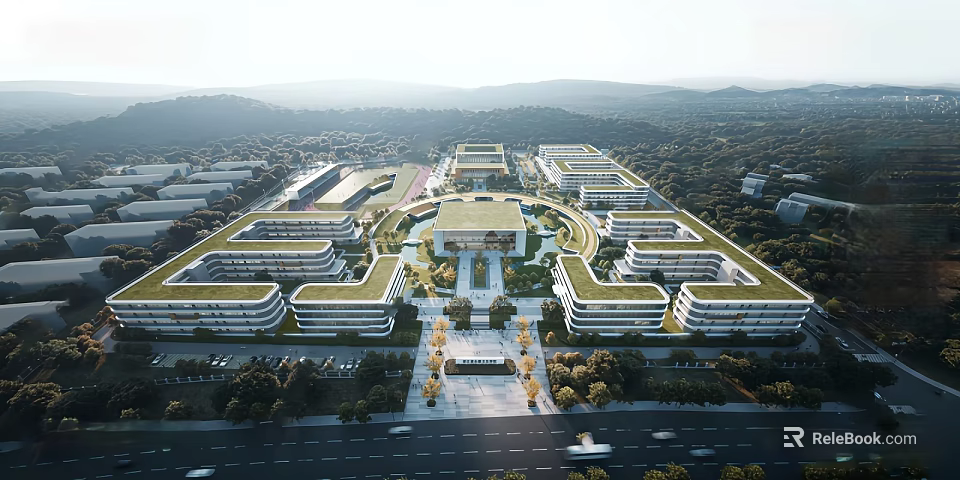 Aerial View of Modern School Buildings with Green Roofs Surrounded by Trees and Central Courtyard 3d model 