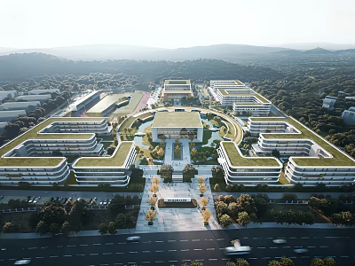 Aerial View of Modern School Buildings with Green Roofs Surrounded by Trees and Central Courtyard 3d model
