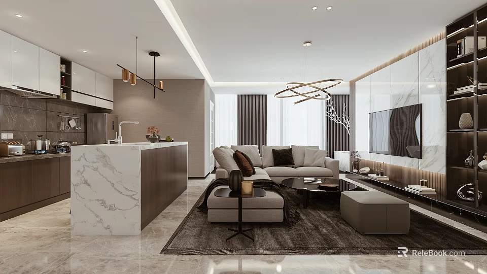Modern Living Room Interior Design With Beige Sofa Area Rug And Hanging Chandelier 3d model 