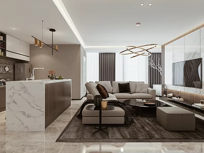 Modern Living Room Interior Design With Beige Sofa Area Rug And Hanging Chandelier 3d model