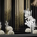 Elegant Floral Decor Stage Design With Golden Curtains White Flowers Chandeliers And Candle Holders