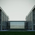 Modern Beige Office Building With Large Glass Windows And Landscaped Trees Shrubs
