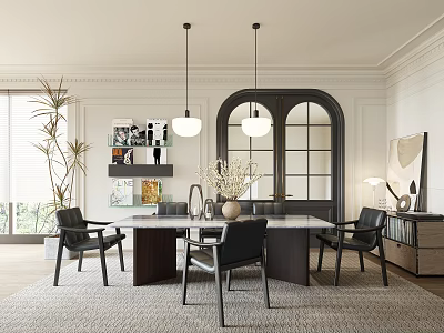 Elegant Modern Restaurant Interior With Dining Table Pendant Lights Black Chairs And Decorative Art 3d model