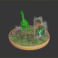 Dinosaur Model On Circular Display Base With Grassland Small Trees And Red Flowers