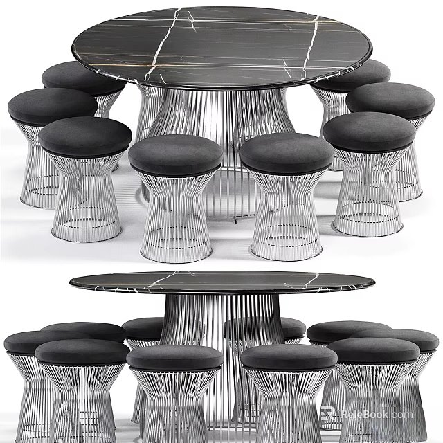 Modern Table and Chair Set With Marble Tabletop Metal Frame Stools And Black Cushions 3d model 