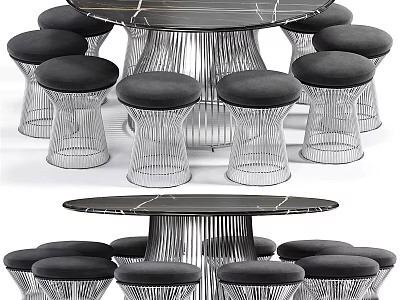Modern Table and Chair Set With Marble Tabletop Metal Frame Stools And Black Cushions 3d model