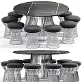 Modern Table and Chair Set With Marble Tabletop Metal Frame Stools And Black Cushions
