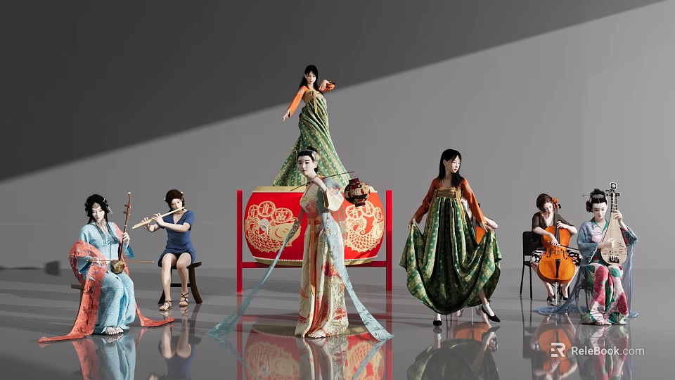 Women In Traditional Costumes Performing Dance And Playing Musical Instruments By Red Drum 3d model 
