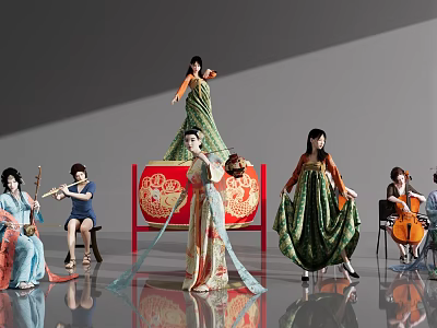 Women In Traditional Costumes Performing Dance And Playing Musical Instruments By Red Drum 3d model