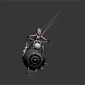 Futuristic Motorcycle with Rocket Thrusters and Purple Flame Trails Ridden by Person in Dark Background