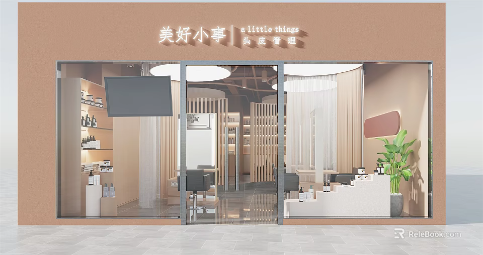 Modern Beauty and Hair Salon Storefront with Glass Door and Interior Design 3d model 