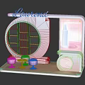 Cosmetics Booth Display With Round Mirror Pink Stools And Wooden Base