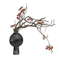 Decorative Bonsai Potted Plant With Gray Pot Branches And Red Fruits