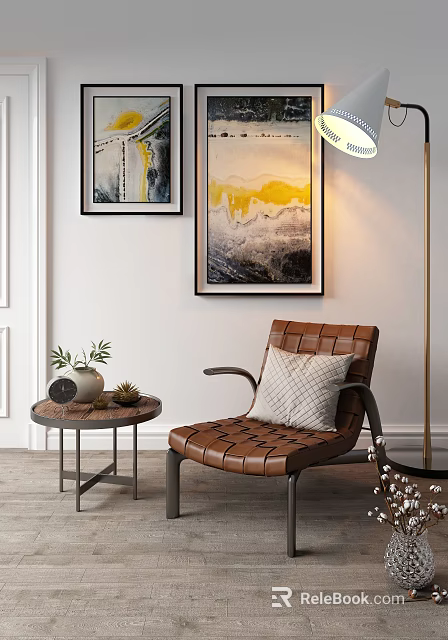 Brown Leather Leisure Chair With Woven Design Beside Side Table Plants And Wall Art 3d model 