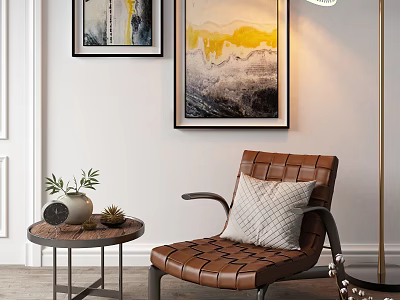 Brown Leather Leisure Chair With Woven Design Beside Side Table Plants And Wall Art 3d model
