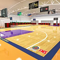 Indoor Modern Basketball Gym With Colorful Floor Bleachers And Ceiling Lights