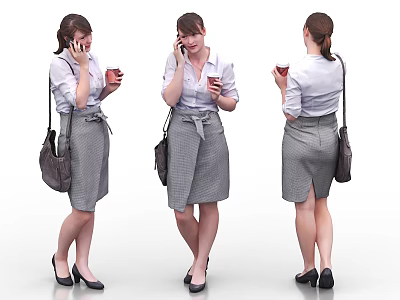 Woman in White Shirt and Gray Plaid Skirt with Backpack Mobile Phone and Coffee Cup 3d model