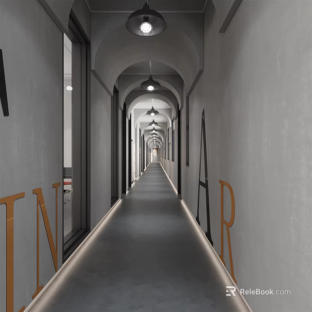 Modern Elevator Hallway With Arched Ceilings Letter Decorations And Recessed Lighting 3d model 